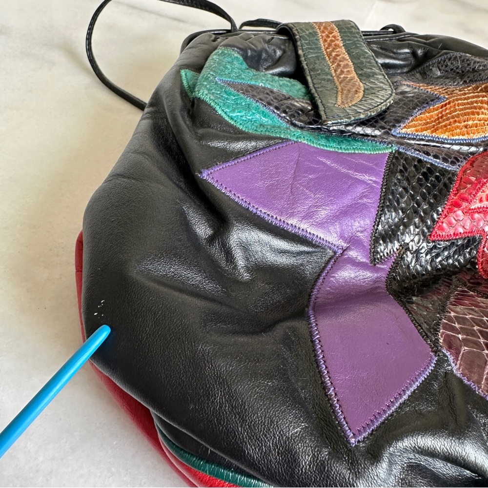 VINTAGE • 80s Jewel Tone Leather Crossbody Bag Punk Bohemian Boho Weird Girl - Picture 15 of 16